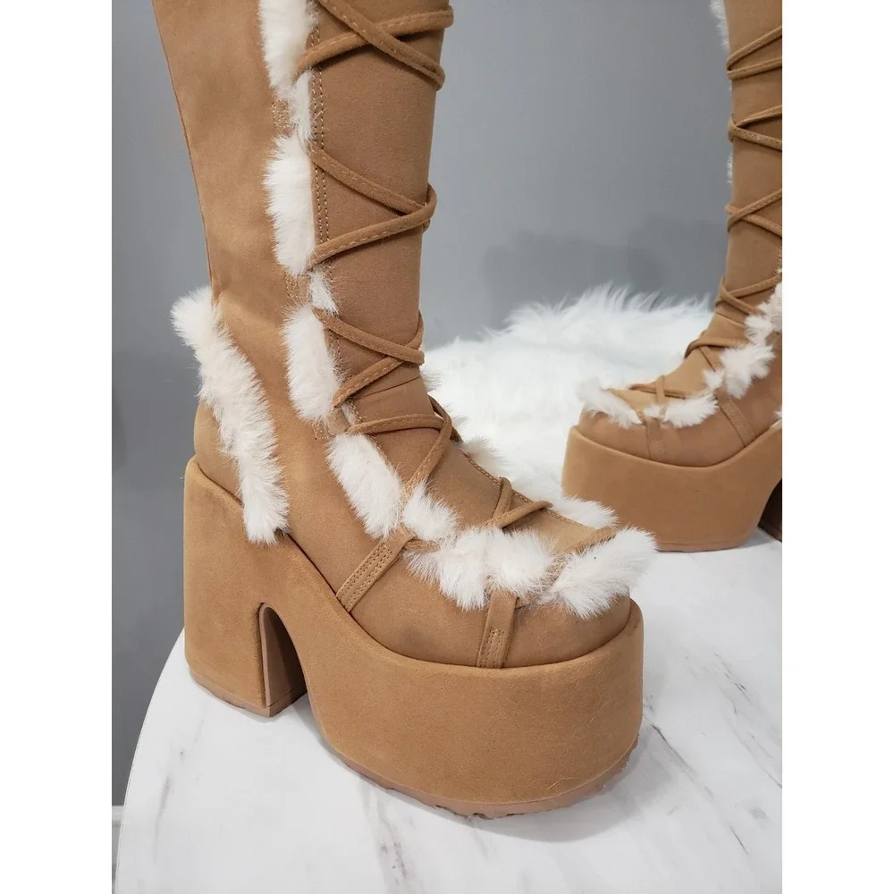 SIZE 8 DEMONIA CUBBY 311 Camel Platform Lace Up Fur Trim Mid Calf Boots RAVE